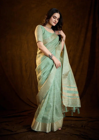 Indo Silk Mint Green Sarees Crafted With A Blend Of Linen And Silk Offer A Unique Combination Of Texture And Elegance