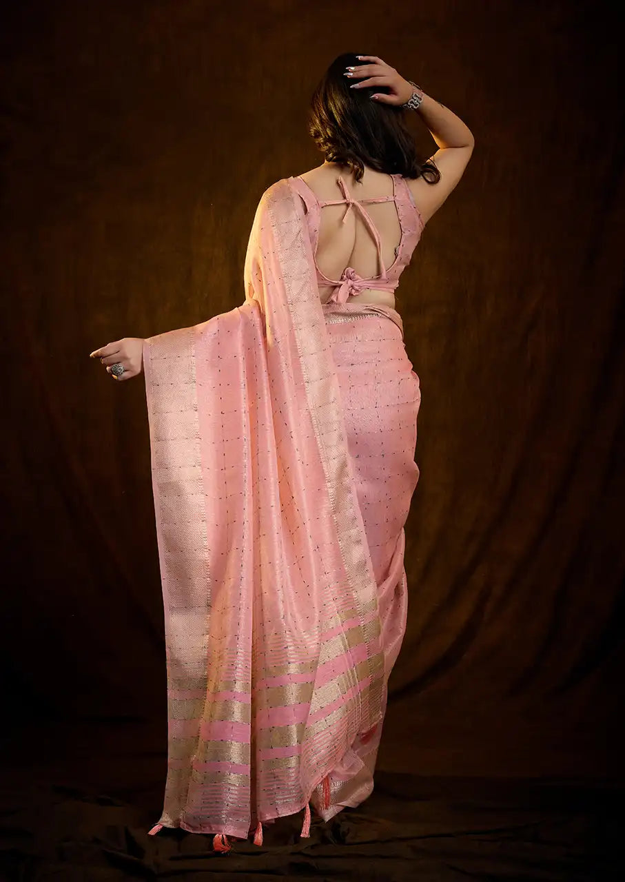 Indo Silk Blush Pink Sarees Crafted With A Blend Of Linen And Silk Offer A Unique Combination Of Texture And Elegance