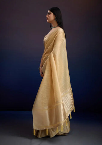 Indo Silk Golden Beige Sarees Crafted With A Blend Of Linen And Cotton Offer A Unique Combination Of Texture And Elegance