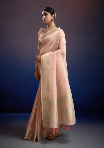 Indo Silk Peach Pink Sarees Crafted With A Blend Of Linen And Silk Offer A Unique Combination Of Texture And Elegance