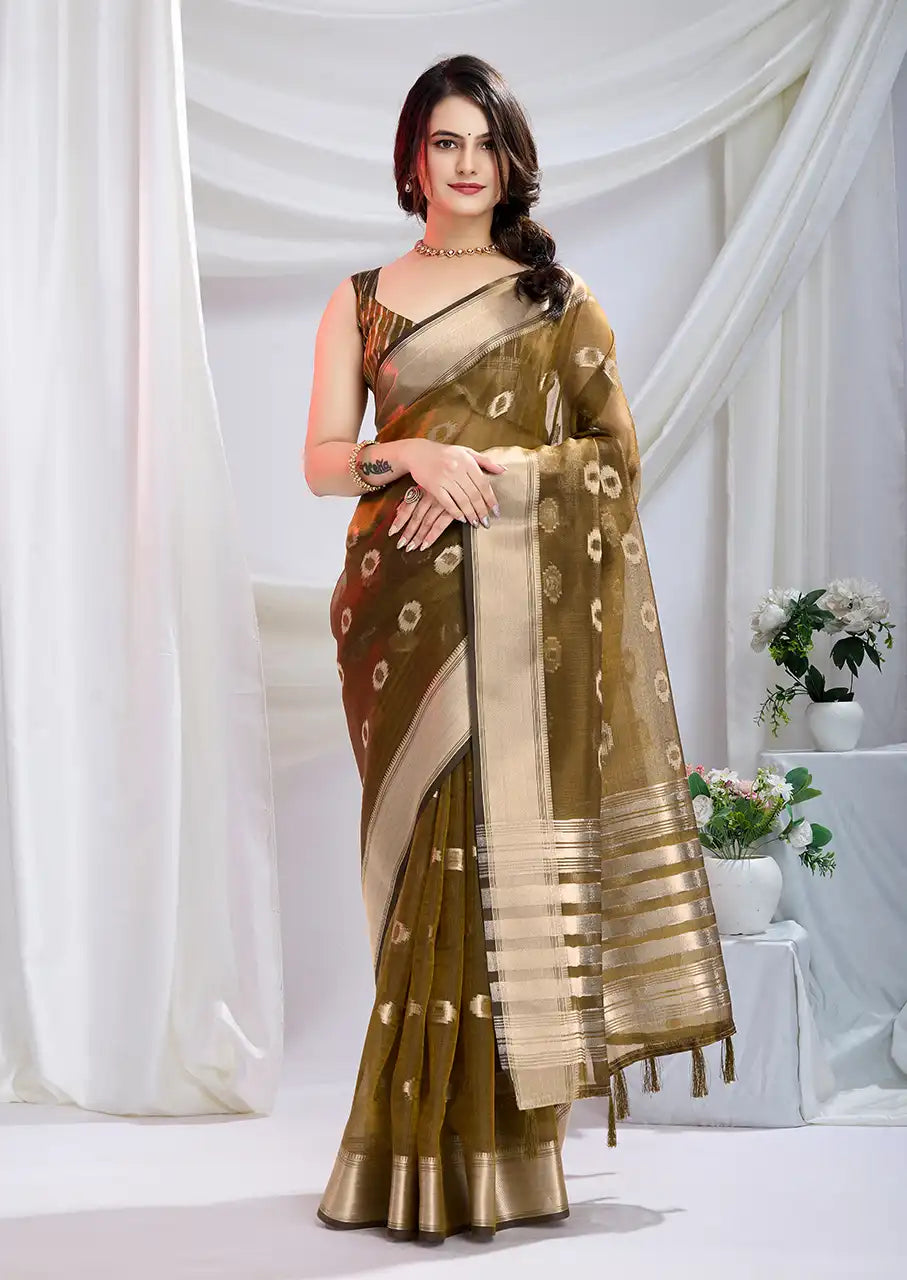 Indo Silk Olive Green Sarees Crafted With A Blend Of Linen And Cotton Offer A Unique Combination Of Texture And Elegance