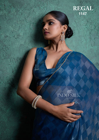 Regal 1147 Blue Fendy Satin Chex Saree – Elegant Designer Indo Silk Saree for Women