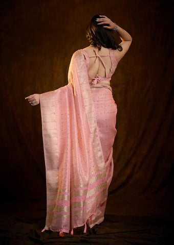 Indo Silk Blush Pink Sarees Crafted With A Blend Of Linen And Silk Offer A Unique Combination Of Texture And Elegance