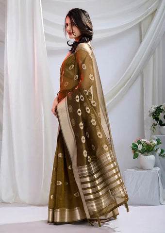 Indo Silk Olive Green Sarees Crafted With A Blend Of Linen And Cotton Offer A Unique Combination Of Texture And Elegance