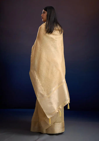 Indo Silk Golden Beige Sarees Crafted With A Blend Of Linen And Cotton Offer A Unique Combination Of Texture And Elegance
