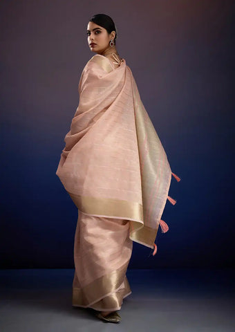 Indo Silk Peach Pink Sarees Crafted With A Blend Of Linen And Silk Offer A Unique Combination Of Texture And Elegance