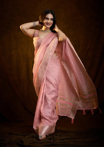 Indo Silk Blush Pink Sarees Crafted With A Blend Of Linen And Silk Offer A Unique Combination Of Texture And Elegance