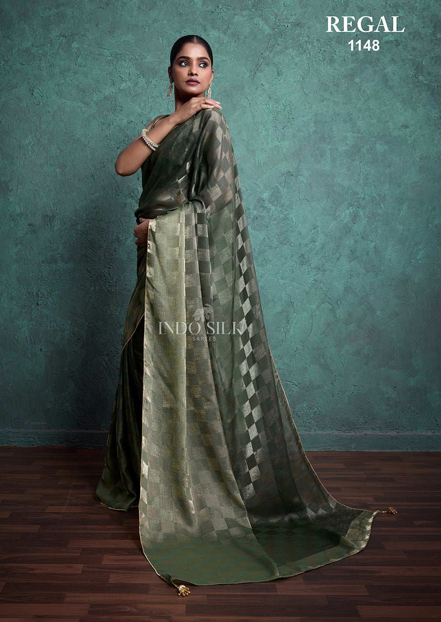 Regal 1148 Green Fendy Satin Chex Saree – Elegant Designer Indo Silk Saree for Women