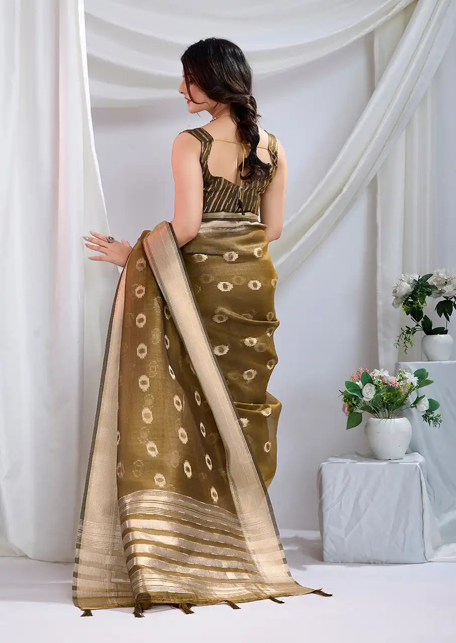 Indo Silk Olive Green Sarees Crafted With A Blend Of Linen And Cotton Offer A Unique Combination Of Texture And Elegance