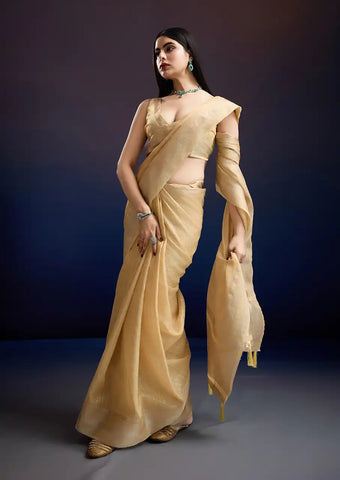 Indo Silk Golden Beige Sarees Crafted With A Blend Of Linen And Cotton Offer A Unique Combination Of Texture And Elegance