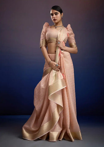 Indo Silk Peach Pink Sarees Crafted With A Blend Of Linen And Silk Offer A Unique Combination Of Texture And Elegance