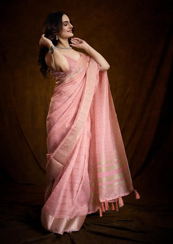 Indo Silk Blush Pink Sarees Crafted With A Blend Of Linen And Silk Offer A Unique Combination Of Texture And Elegance