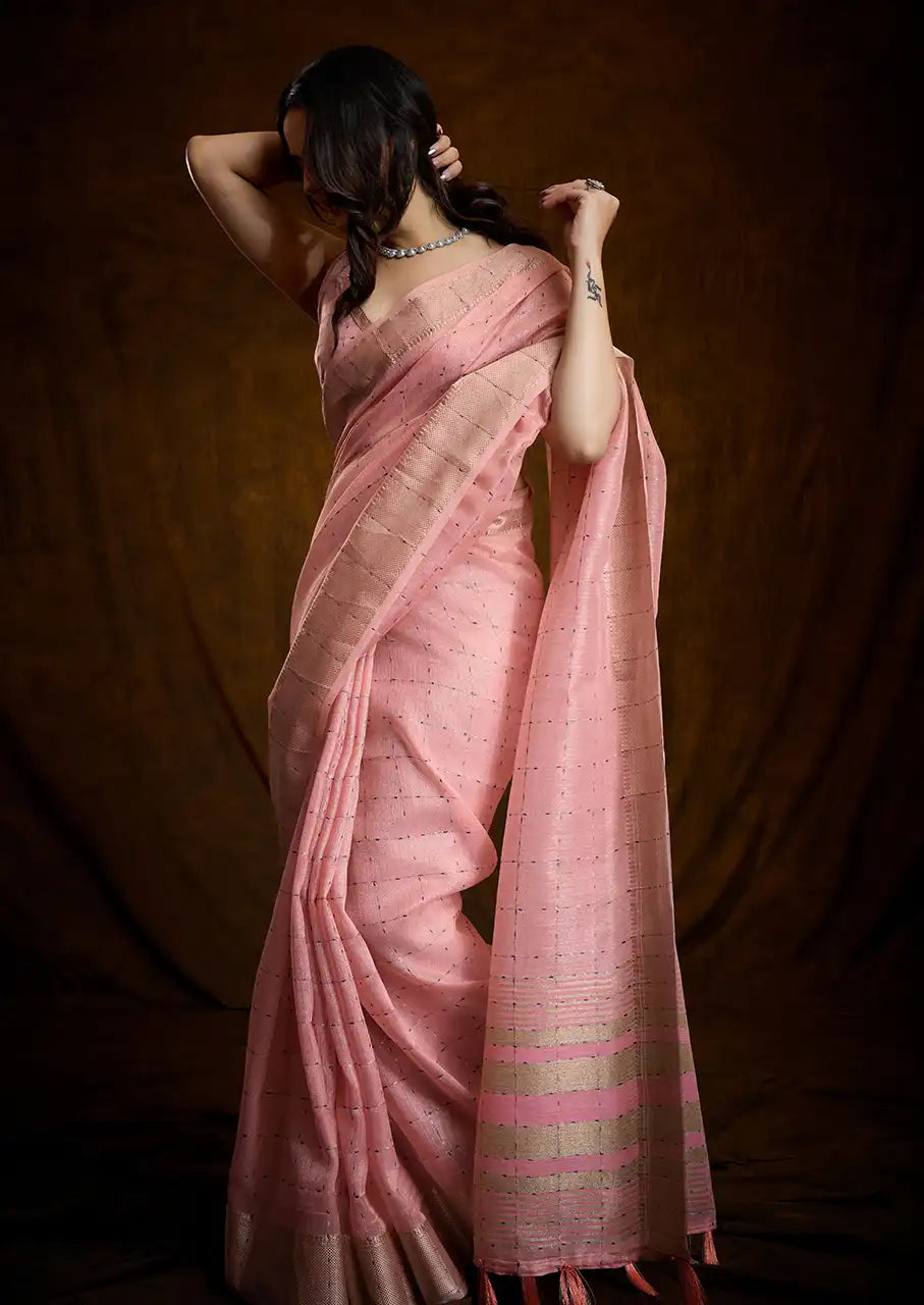 Indo Silk Blush Pink Sarees Crafted With A Blend Of Linen And Silk Offer A Unique Combination Of Texture And Elegance