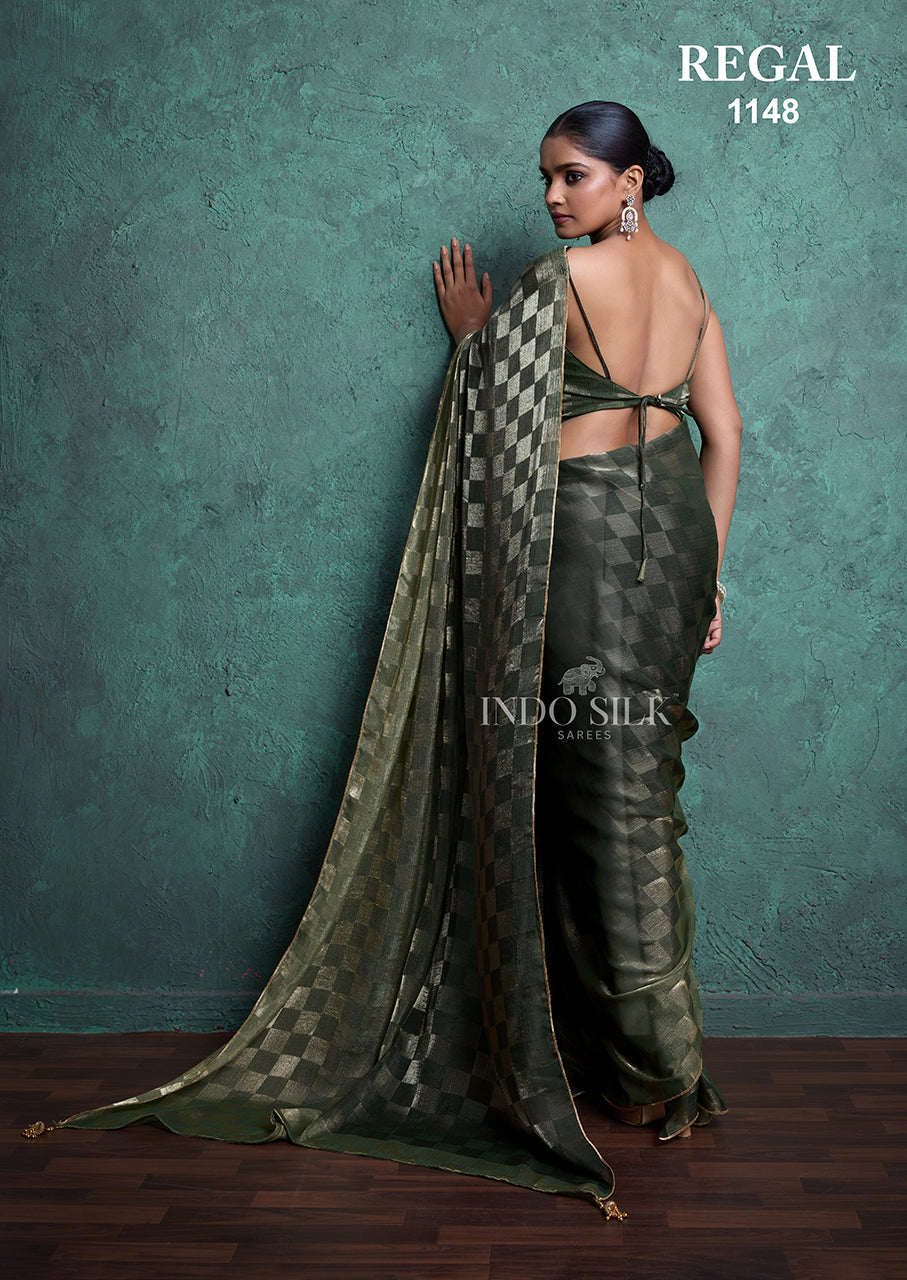Regal 1148 Green Fendy Satin Chex Saree – Elegant Designer Indo Silk Saree for Women