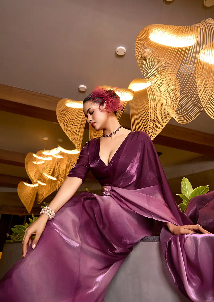Indo Silk Deep Purple Sarees Crafted With Fendy Satin Blend Traditional Elegance And Modern Luxury