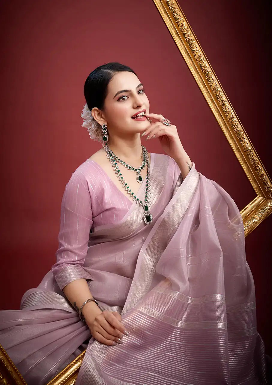 Indo Silk Lavender Sarees Crafted With A Blend Of Linen And Silk Offer A Unique Combination Of Texture And Elegance