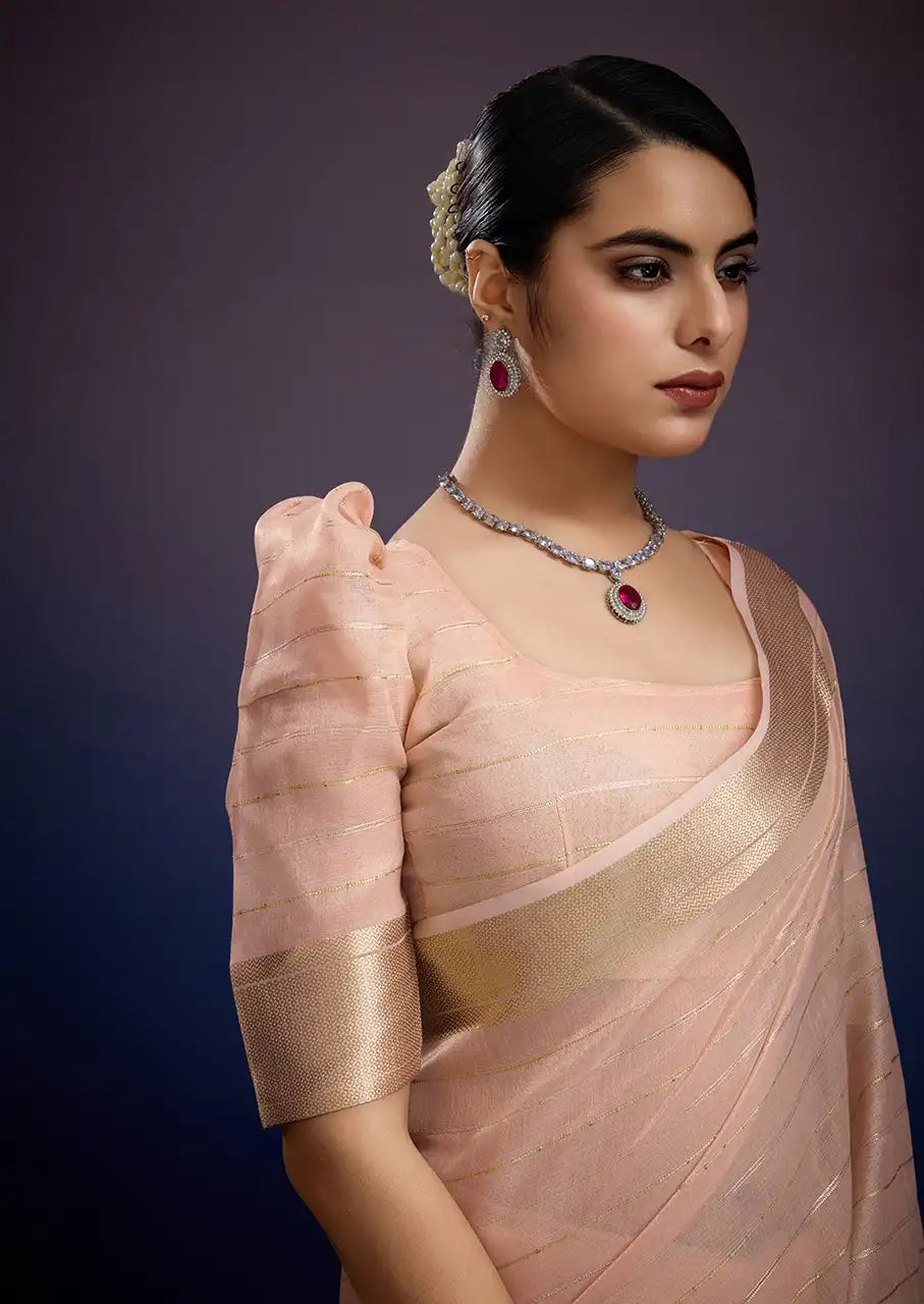 Indo Silk Peach Pink Sarees Crafted With A Blend Of Linen And Silk Offer A Unique Combination Of Texture And Elegance