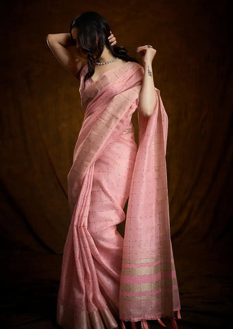Indo Silk Blush Pink Sarees Crafted With A Blend Of Linen And Silk Offer A Unique Combination Of Texture And Elegance