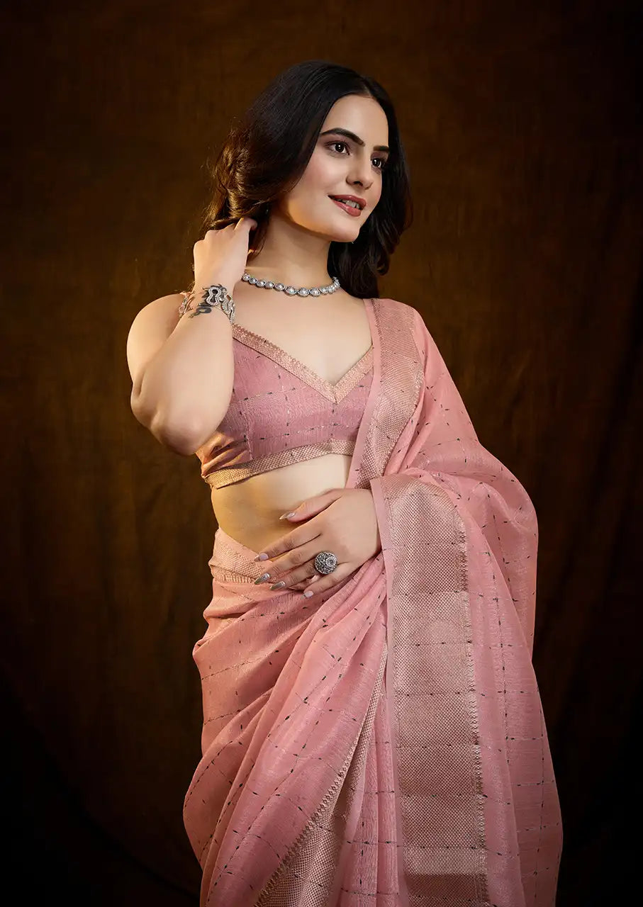 Indo Silk Blush Pink Sarees Crafted With A Blend Of Linen And Silk Offer A Unique Combination Of Texture And Elegance