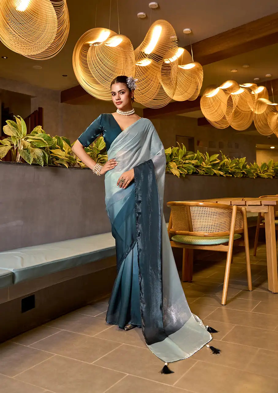Indo Silk White & Teal Sarees Crafted With Fendy Satin Blend Traditional Elegance And Modern Luxury