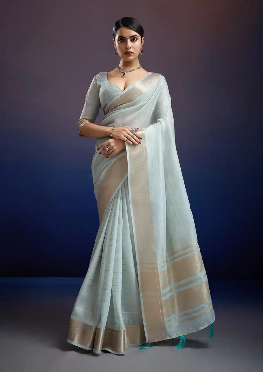 Indo Silk Blue Sarees Crafted With A Blend Of Linen And Silk Offer A Unique Combination Of Texture And Elegance