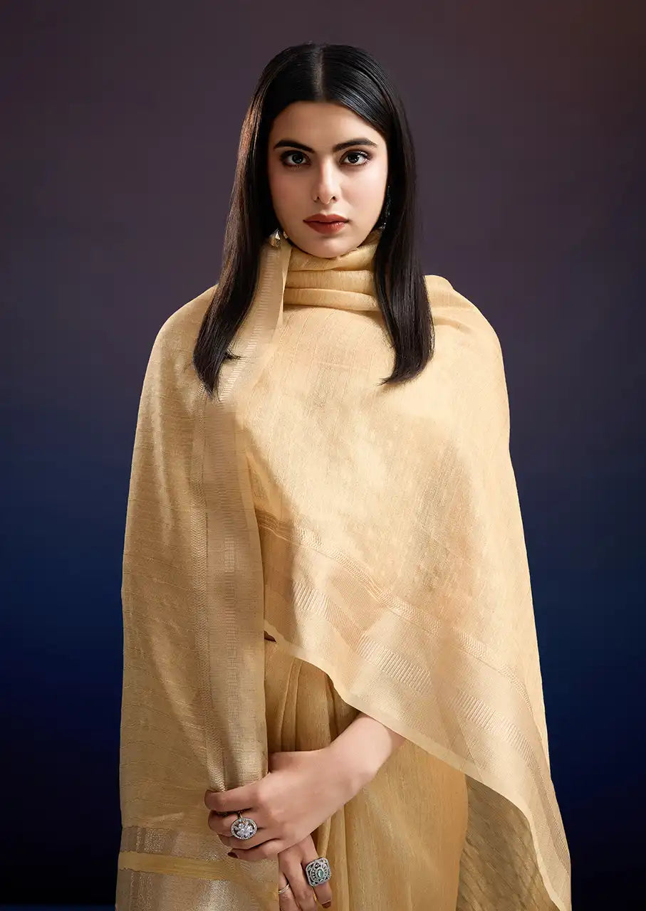 Indo Silk Golden Beige Sarees Crafted With A Blend Of Linen And Cotton Offer A Unique Combination Of Texture And Elegance