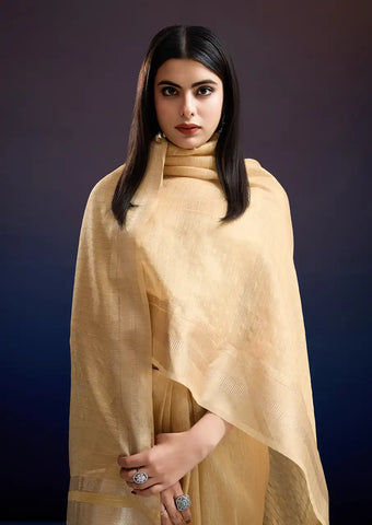 Indo Silk Golden Beige Sarees Crafted With A Blend Of Linen And Cotton Offer A Unique Combination Of Texture And Elegance