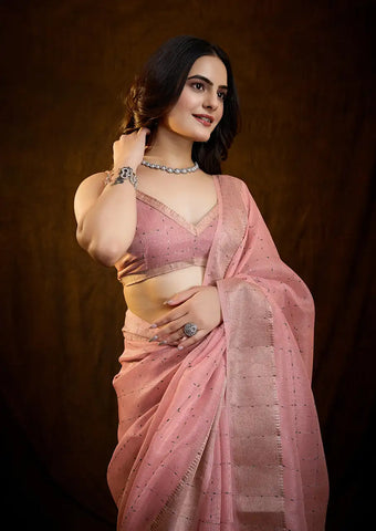 Indo Silk Blush Pink Sarees Crafted With A Blend Of Linen And Silk Offer A Unique Combination Of Texture And Elegance
