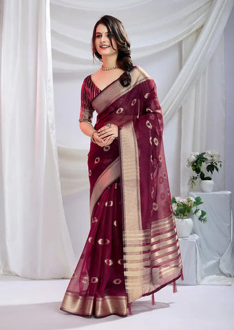 Indo Silk Maroon Sarees Crafted With A Blend Of Linen And Cotton Offer A Unique Combination Of Texture And Elegance
