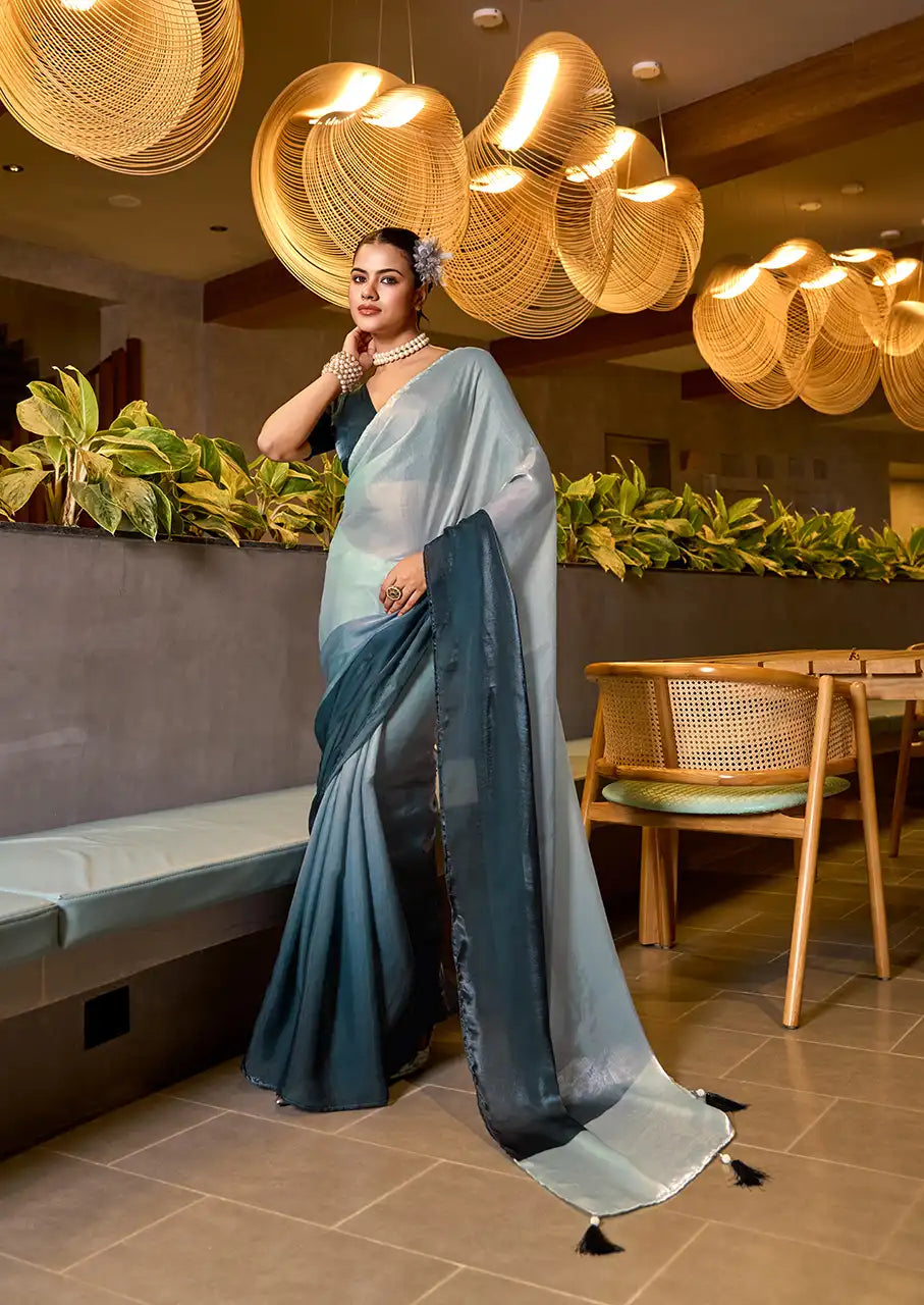 Indo Silk White & Teal Sarees Crafted With Fendy Satin Blend Traditional Elegance And Modern Luxury