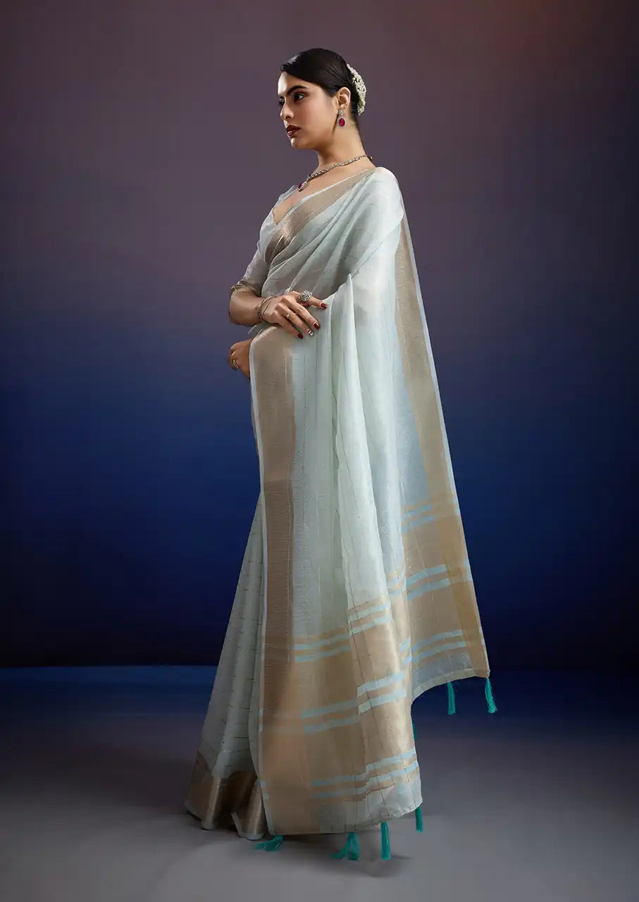 Indo Silk Blue Sarees Crafted With A Blend Of Linen And Silk Offer A Unique Combination Of Texture And Elegance