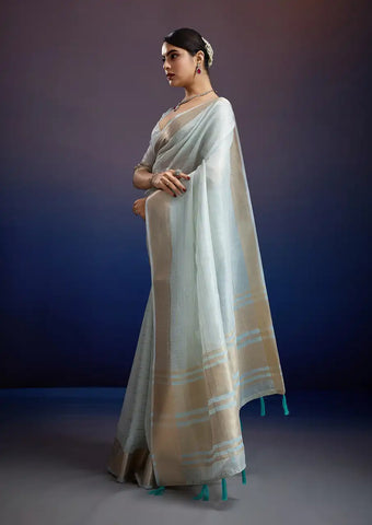 Indo Silk Blue Sarees Crafted With A Blend Of Linen And Silk Offer A Unique Combination Of Texture And Elegance