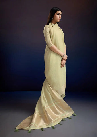 Indo Silk Pastel Yellow Sarees Crafted With A Blend Of Linen And Cotton Offer A Unique Combination Of Texture And Elegance
