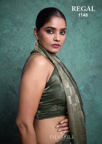 Regal 1148 Green Fendy Satin Chex Saree – Elegant Designer Indo Silk Saree for Women