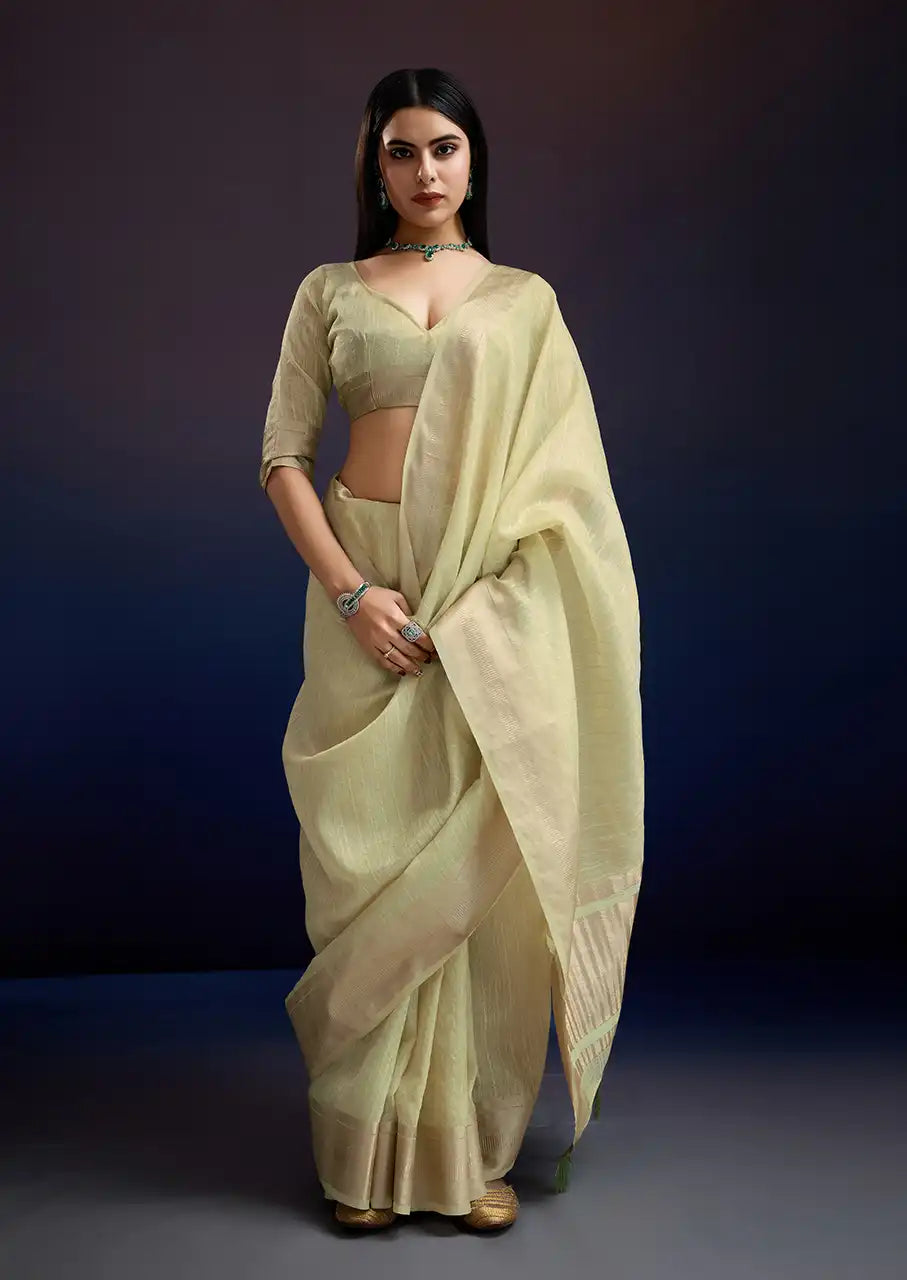 Indo Silk Pastel Yellow Sarees Crafted With A Blend Of Linen And Cotton Offer A Unique Combination Of Texture And Elegance