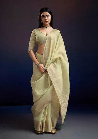 Indo Silk Pastel Yellow Sarees Crafted With A Blend Of Linen And Cotton Offer A Unique Combination Of Texture And Elegance