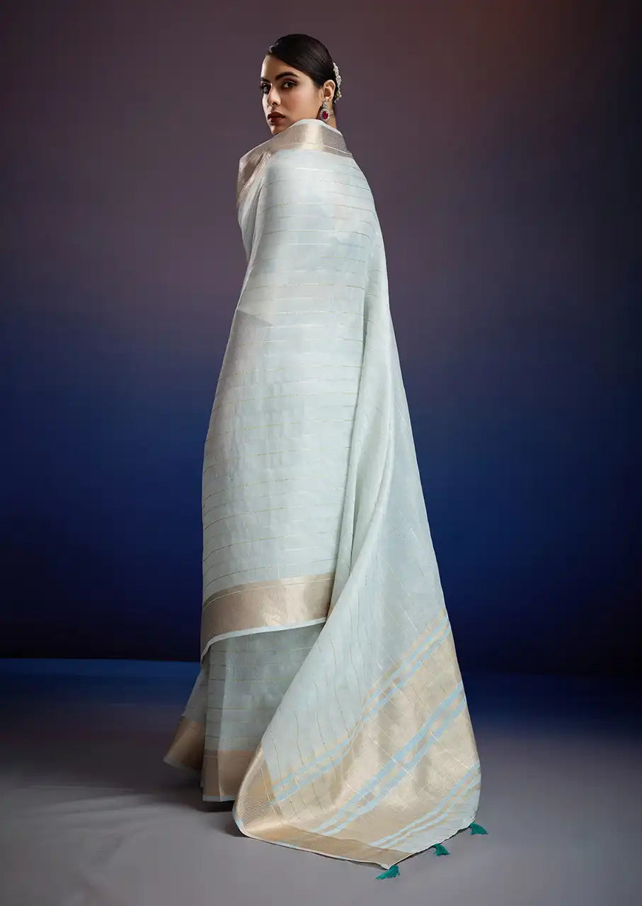 Indo Silk Blue Sarees Crafted With A Blend Of Linen And Silk Offer A Unique Combination Of Texture And Elegance
