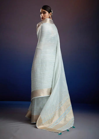 Indo Silk Blue Sarees Crafted With A Blend Of Linen And Silk Offer A Unique Combination Of Texture And Elegance
