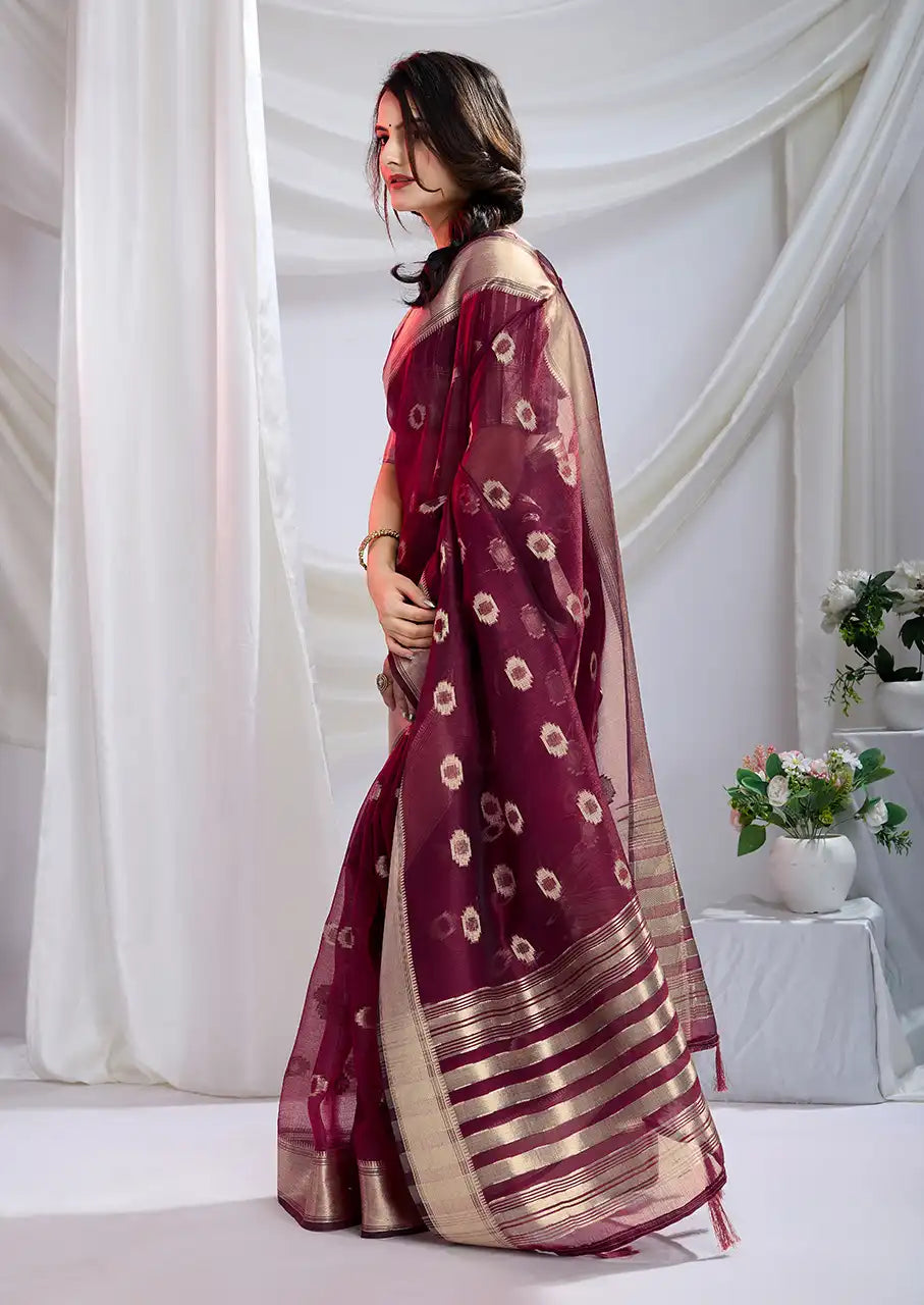 Indo Silk Maroon Sarees Crafted With A Blend Of Linen And Cotton Offer A Unique Combination Of Texture And Elegance