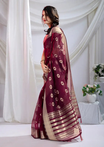 Indo Silk Maroon Sarees Crafted With A Blend Of Linen And Cotton Offer A Unique Combination Of Texture And Elegance