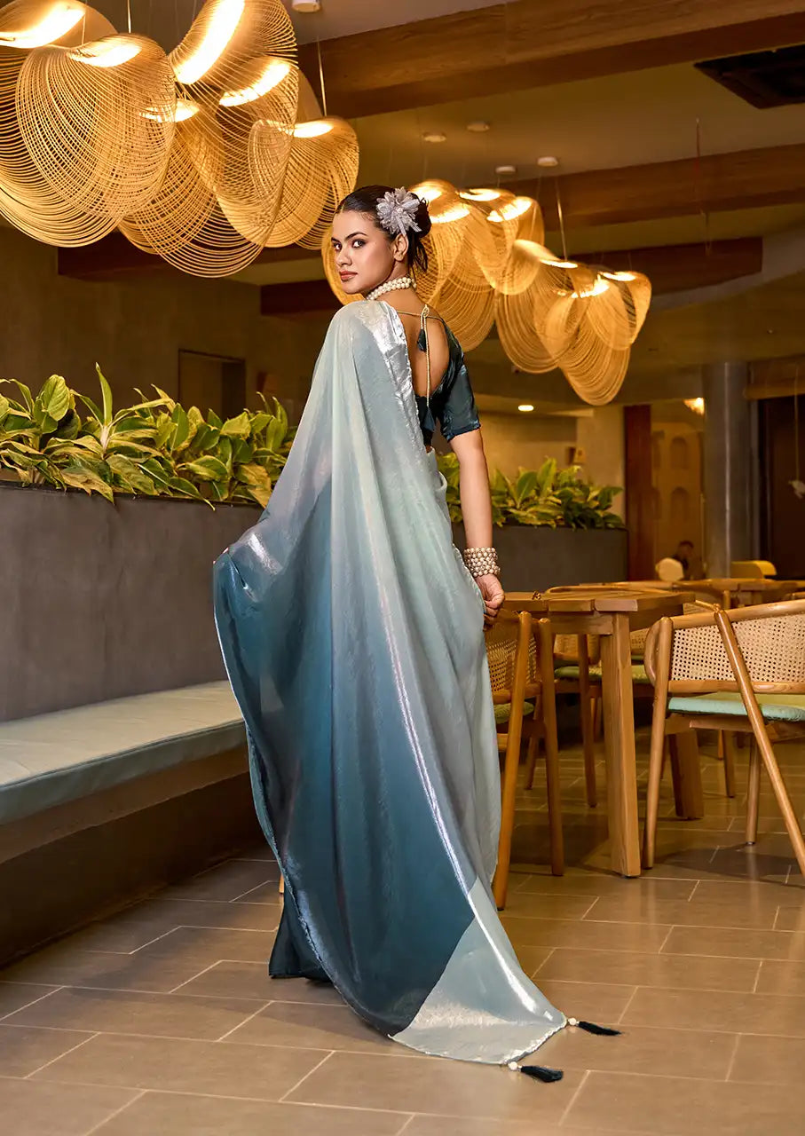 Indo Silk White & Teal Sarees Crafted With Fendy Satin Blend Traditional Elegance And Modern Luxury