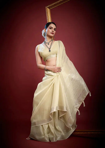 Indo Silk Cream White Sarees Crafted With A Blend Of Linen And Silk Offer A Unique Combination Of Texture And Elegance