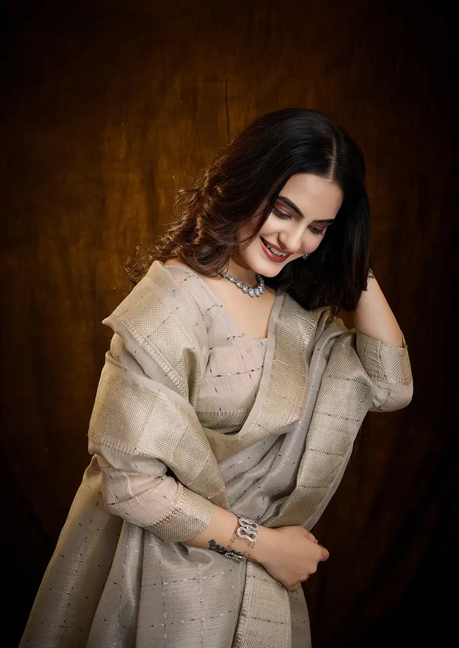 Indo Silk Grey Sarees Crafted With A Blend Of Linen And Silk Offer A Unique Combination Of Texture And Elegance