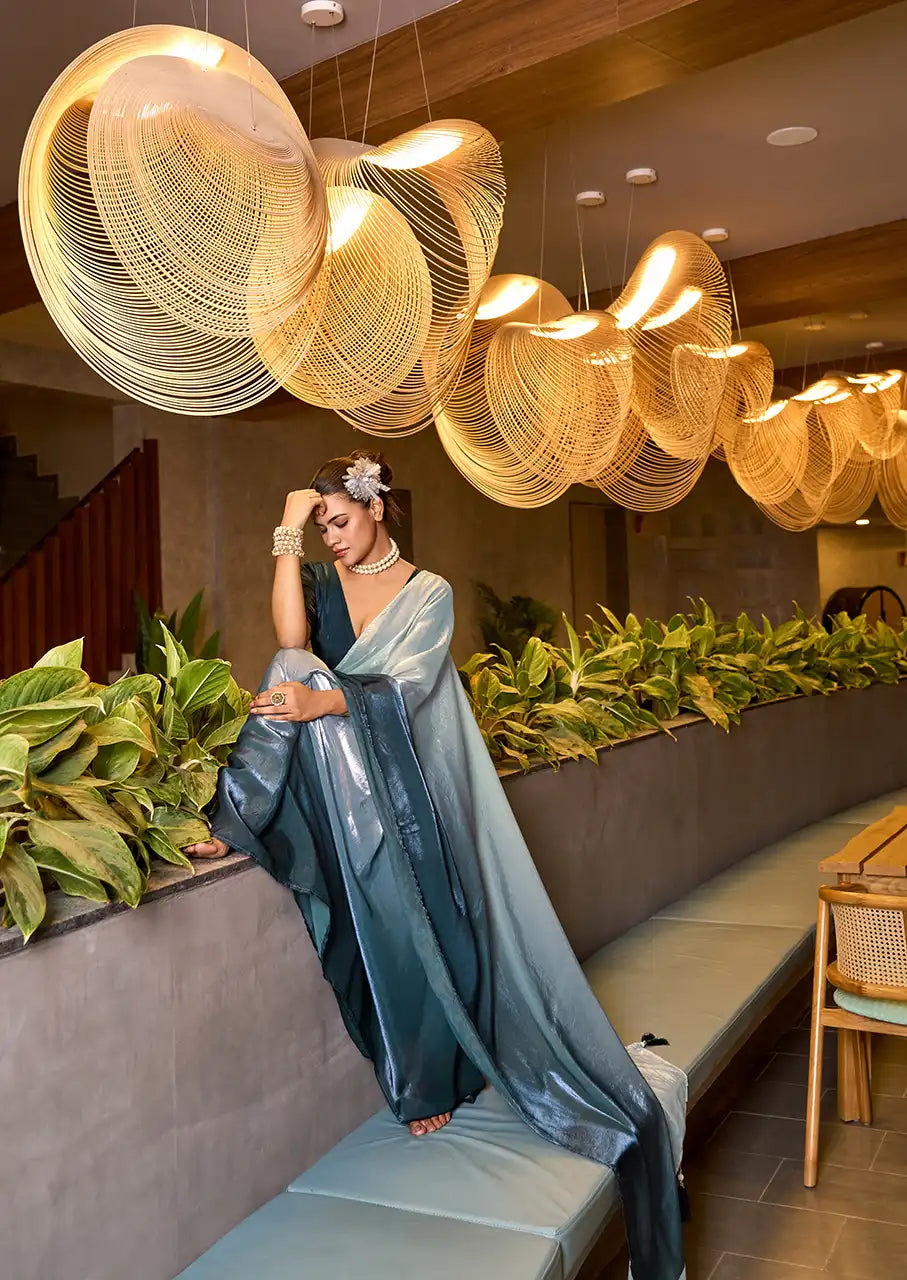 Indo Silk White & Teal Sarees Crafted With Fendy Satin Blend Traditional Elegance And Modern Luxury