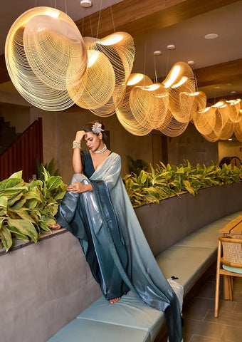 Indo Silk White & Teal Sarees Crafted With Fendy Satin Blend Traditional Elegance And Modern Luxury