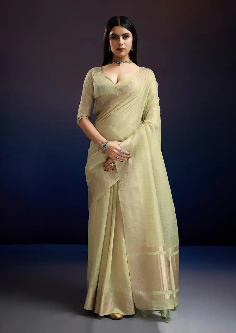 Indo Silk Pastel Yellow Sarees Crafted With A Blend Of Linen And Cotton Offer A Unique Combination Of Texture And Elegance