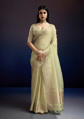 Indo Silk Pastel Yellow Sarees Crafted With A Blend Of Linen And Cotton Offer A Unique Combination Of Texture And Elegance