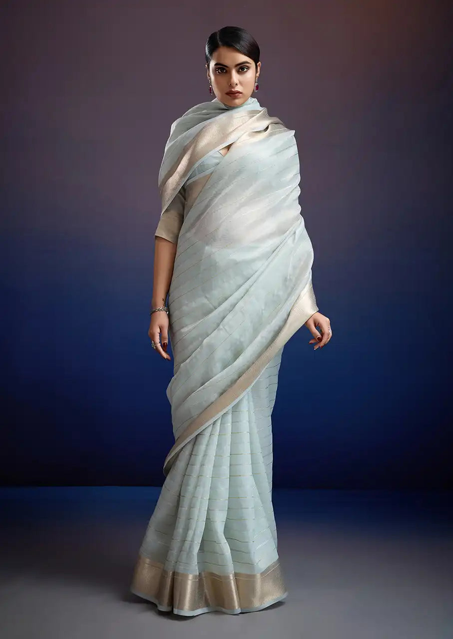 Indo Silk Blue Sarees Crafted With A Blend Of Linen And Silk Offer A Unique Combination Of Texture And Elegance