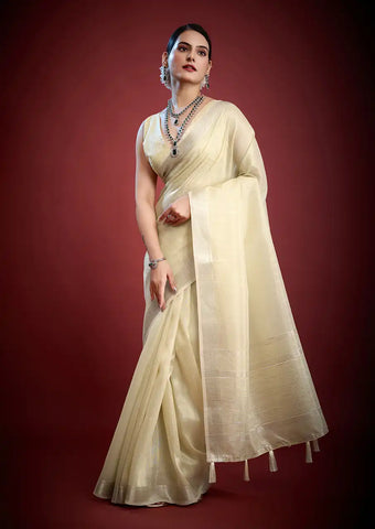 Indo Silk Cream White Sarees Crafted With A Blend Of Linen And Silk Offer A Unique Combination Of Texture And Elegance