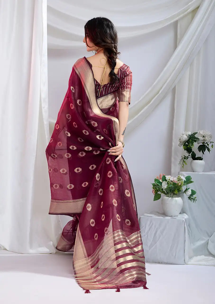 Indo Silk Maroon Sarees Crafted With A Blend Of Linen And Cotton Offer A Unique Combination Of Texture And Elegance